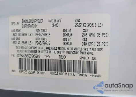 2006 Dodge Dakota Slt from USA, damaged, VIN 1D7HW42K56S545802